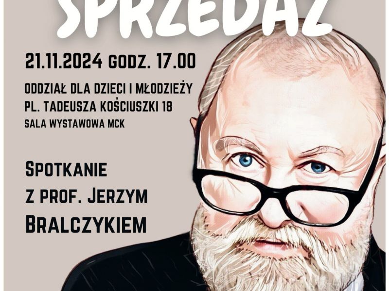 Na zdjęciu plakat spotkania z prof. Jerzym Bralczykiem w MBP. Na plakacie portret profesora