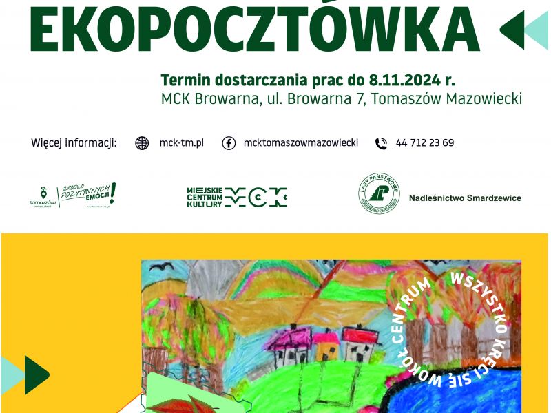 Plakat ecopocztówki - kolorowa praca plastyczna: domki, drzewa, ptaki. Na rysunku napis